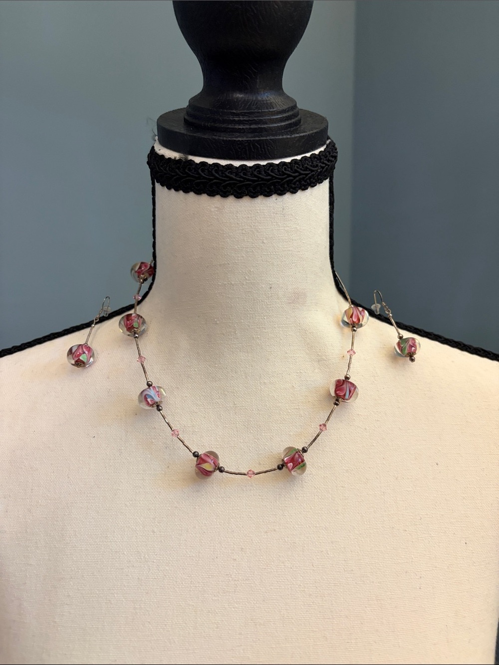 Delicate Pink Glass Bead Necklace and Earrings Set